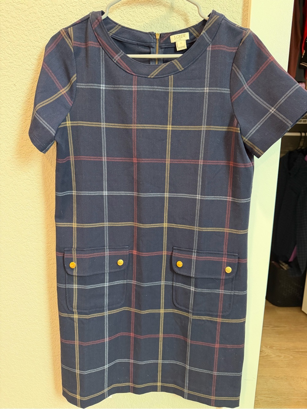 J. Crew Navy Plaid Short-Sleeve Dress with Yellow Button Details